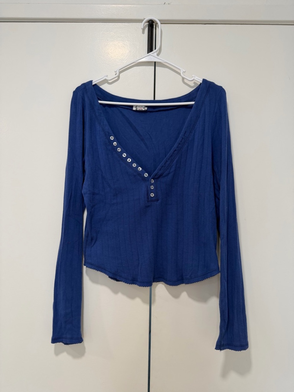 Free People Deep Blue Ribbed Long-Sleeve Henley Top